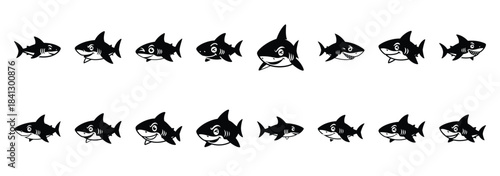 Set of vector silly shark wink  icon in silhouettes
