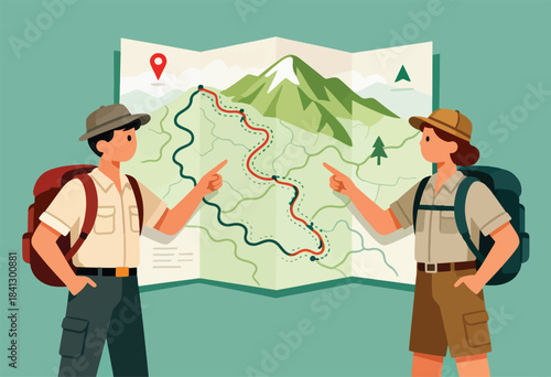 Two hikers with backpacks study a folded map showing mountains and a winding trail