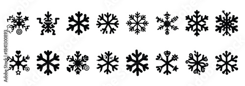 Set of vector silly snowflake  icon in silhouettes