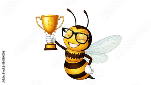 Spelling Bee Champion Cartoon Bee with Trophy and Glasses – Celebrating Success and Achievement