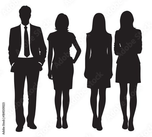 four black silhouettes of business professionals a man and