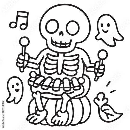 Cute Musical Skeleton Playing Bone Xylophone on a Pumpkin with Ghosts