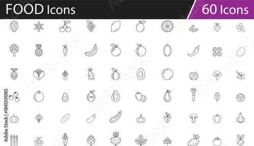 Fruit and vegetable icons set, healthy food symbols, organic produce, nutrition, farming, diet planning, grocery items, seasonal harvest, vegan lifestyle, agriculture, kitchen ingredients