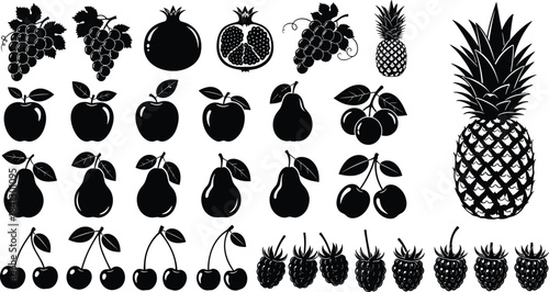 Collection of assorted fruit silhouettes including grapes, apples, pears, cherries, pineapple, pomegranate, raspberries in detailed black vector illustration