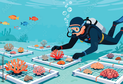 Diver tending to coral nurseries on the seabed, surrounded by fish