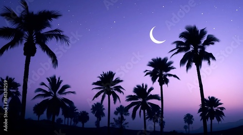 light purple evening sky with palm tree silhouettes and a bright crescent moon creating a calm serene tropical mood
