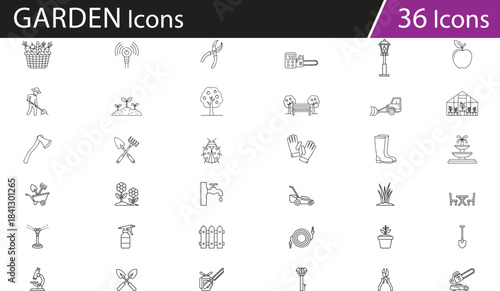 Gardening icons set, outdoor tools vector collection, landscaping equipment, nature care, planting, smart garden tech, maintenance, eco lifestyle, horticulture, backyard work, seasonal tasks