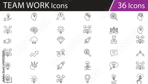 Innovation and creativity icons set, teamwork and idea generation symbols, problem-solving, research, growth, brainstorming, launch concepts, value creation, cloud thinking, collaboration