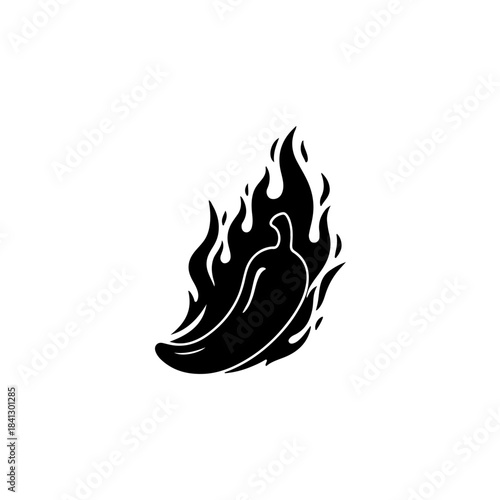 Bold black silhouette of a fiery chili pepper enveloped in powerful flames, symbolizing intense spice, heat, and zest. isolated on transparent background