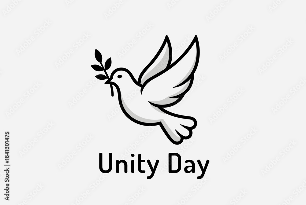 Obraz premium A minimalist graphic illustration featuring a white dove holding an olive branch, symbolizing peace and unity, with 'Unity Day' text.