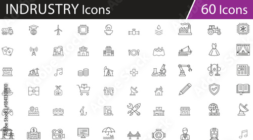 Minimalist black line vector icons set representing diverse industries, activities, and technologies, ideal for business presentations, educational content, sector infographics, and professional