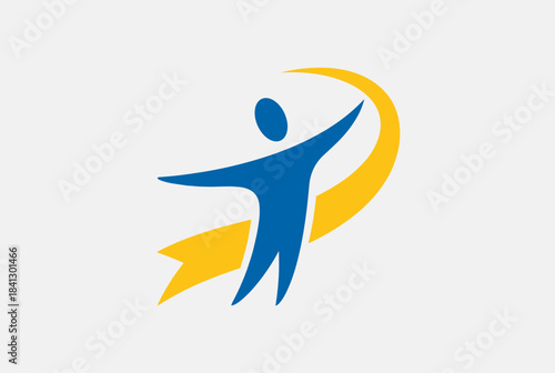 A blue stylized human figure with outstretched arms embracing a yellow curving ribbon on a grey background.