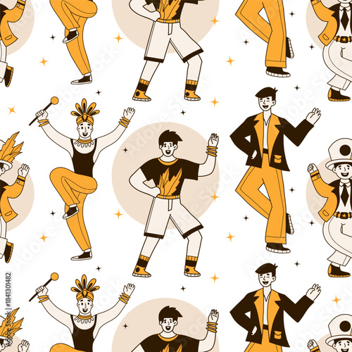Carnival Men Dancers Seamless Pattern. Happy Party Male Character in Masquerade Costumes on White Background. Color Hand-Drawn Doodle. Vector Illustration. Not AI