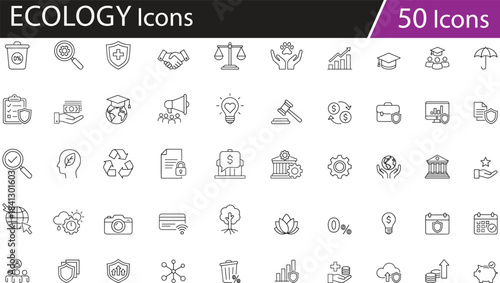 Professional icon set, finance, business, education, health, law, environment, technology concepts, secure data, global care, innovation, sustainability, analytics, protection, communication
