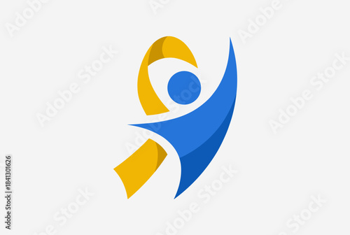 A stylized logo featuring a blue abstract human figure with arms raised, celebrating in front of a looping yellow ribbon, symbolizing support and achievement.