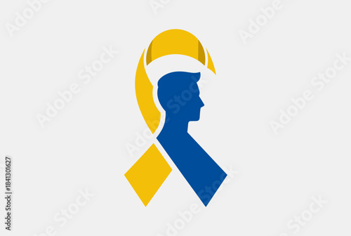 A blue and yellow awareness ribbon with a silhouette of a person's head and torso, symbolizing Down Syndrome awareness.