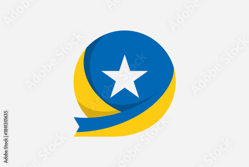 A vibrant blue circle featuring a white star, elegantly wrapped by a flowing yellow ribbon, set against a light grey background.
