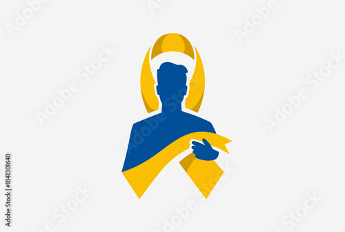 Blue and yellow silhouette of a man holding an awareness ribbon, symbolizing support for Down Syndrome.