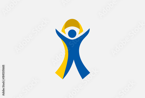 A stylized blue and yellow ribbon logo depicting a person with outstretched arms, symbolizing support, awareness, or celebration.