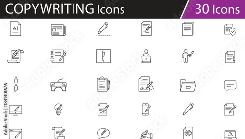 Writing and documentation icons set, creative tools, digital communication, paperwork, signing, typing, idea generation, secure documents, productivity, education, artificial intelligence, stylus