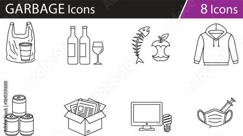 Waste category icons set, recycling symbols, environmental conservation, trash sorting, sustainability, eco awareness, garbage types, disposal methods, medical, electronic