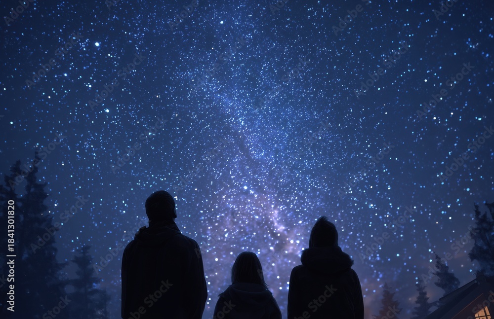 Obraz premium Family stargazing under winter night sky