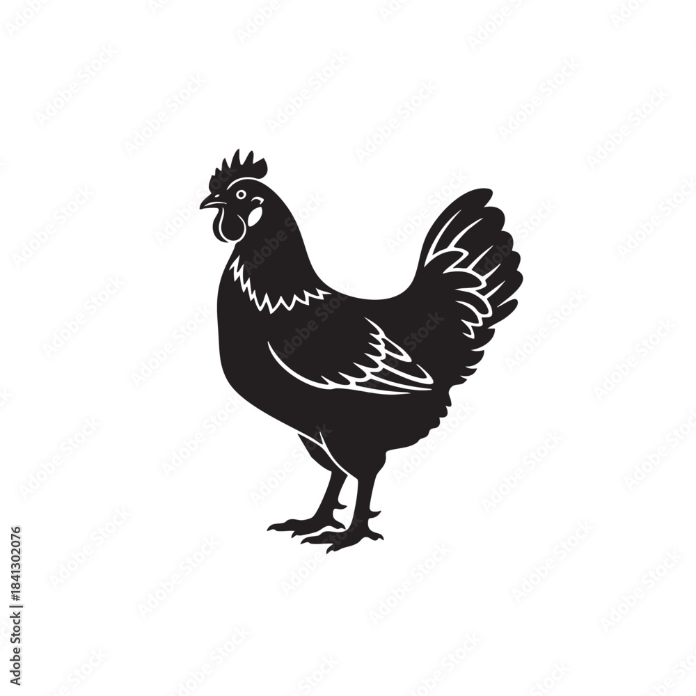 Fototapeta premium Chicken silhouette vector illustration. Black hen farm animal icon. Poultry logo symbol isolated on white background. Rooster or cockerel side view graphic design.