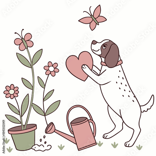 Cute Dreamy American Water Spaniel, accessorized with holding a heart, in a Spring garden world – Spring Garden palette vector