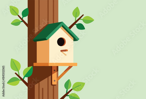 Flat illustration of a birdhouse on a tree with leaves