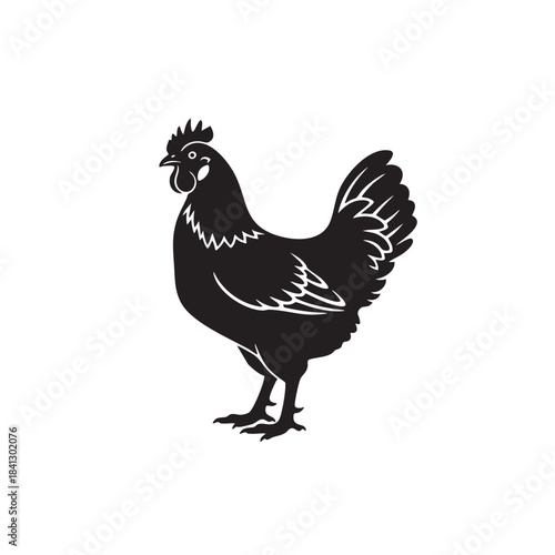 Chicken silhouette vector illustration. Black hen farm animal icon. Poultry logo symbol isolated on white background. Rooster or cockerel side view graphic design.