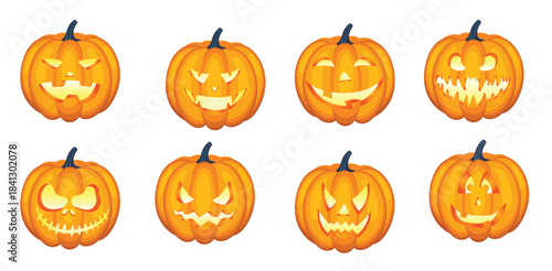 Jack-o-lantern pumpkins isolated different smiles faces set collection
