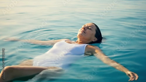 Woman floating on her back in tranquil blue water with eyes closed. Relaxation and spa concept for wellness and carefree lifestyle.