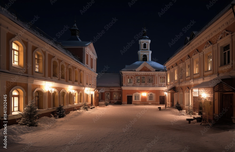 Fototapeta premium Illuminated monastery courtyard on snowy night