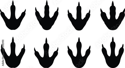 Collection of bold black bird footprint silhouettes arranged in clean repeating pattern, wildlife track icons ideal for nature, animal, and design projects