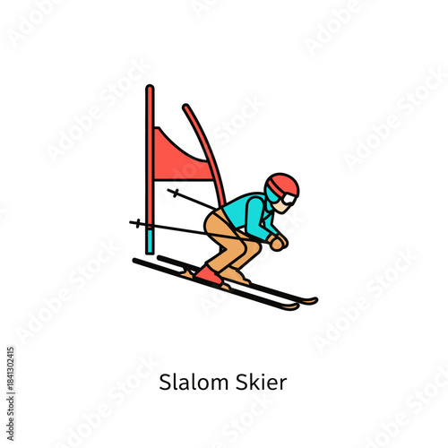 Isolated cartoon downhill skier navigating slalom gates with precision