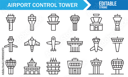 Minimal air traffic tower icon set for transportation, aviation, and travel graphics