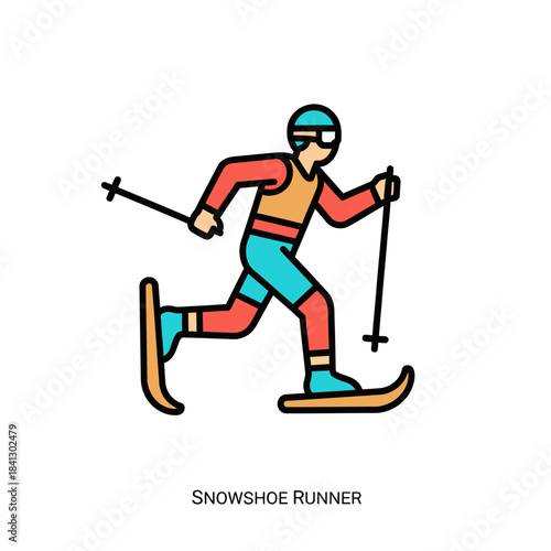 Sporting stylized icon of a snowshoe runner in motion on white ground