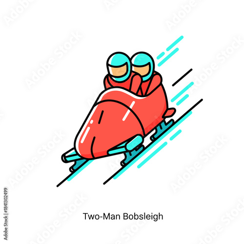 Dynamic duo hurtling down icy track in two-man bobsleigh illustration