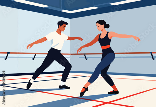 A man and woman practice ballet in a studio with a barre and floor markers