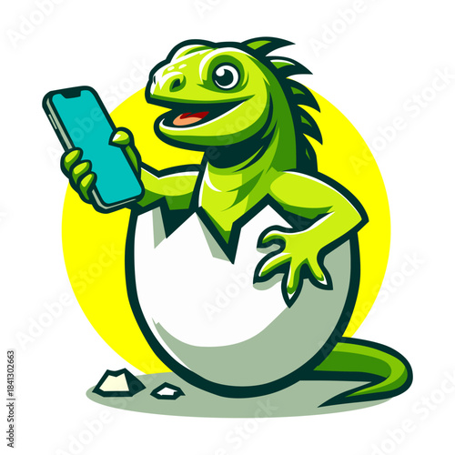Friendly Green Dinosaur Hatching from Egg Holding a Smartphone