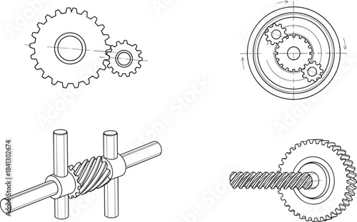 Technical engineering drawings of multiple complex gear mechanisms, including worm and planetary drives.