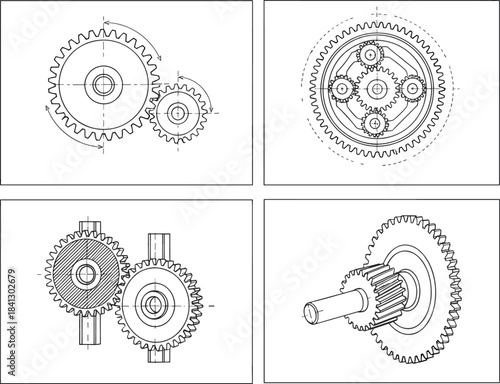 Technical blueprint drawings of various gear mechanisms, spur gears and planetary systems illustration.