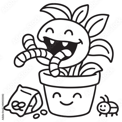 Cute Hungry Carnivorous Plant Eating Gummy Worms Coloring Page
