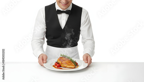 Waiter serving a dish, white background, clean focus, 4k.