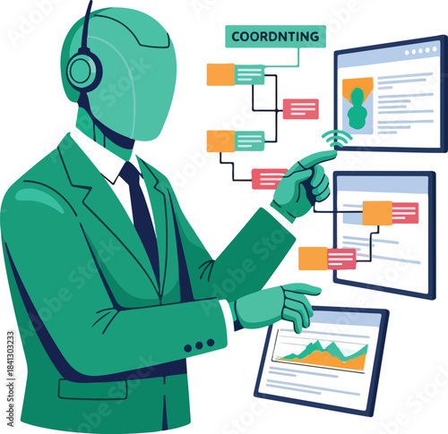 Robot in a suit analyzing digital data on screens ideal for technology, artificial intelligence, futuristic concepts in presentations, websites, or marketing.