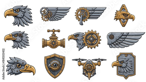 Steampunk Eagle Mascot and Gear Element Vector Set. Industrial Retro Design.