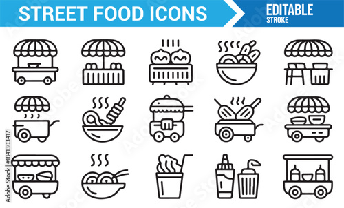 Professional line art icons representing global street food and outdoor eating