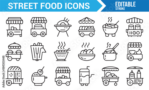Professional line art icons representing global street food and outdoor eating