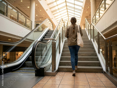 Woman carrying a white reusable canvas eco tote bag walking up stairs in a modern shopping mall next to an escalator.