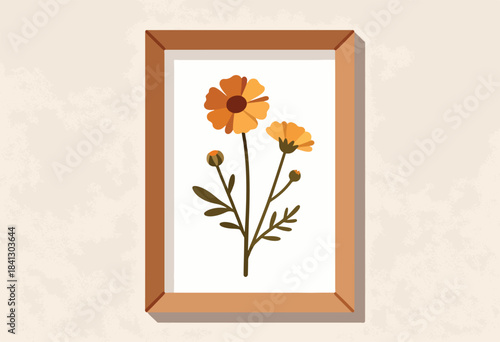 Framed illustration of two orange flowers and buds on a textured light background